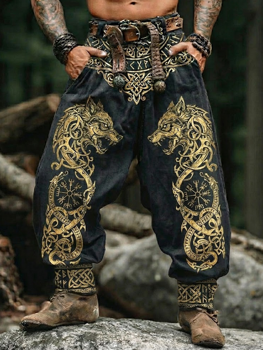 Men's Viking Retro Golden Wolf Compass Valknut Celtic Style Nordic Pants