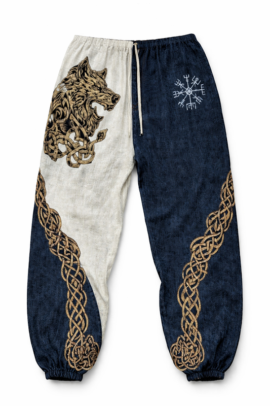 Vintage Forest Wolf & Celtic Knot Patchwork Printed Casual Cotton-Linen Pants
