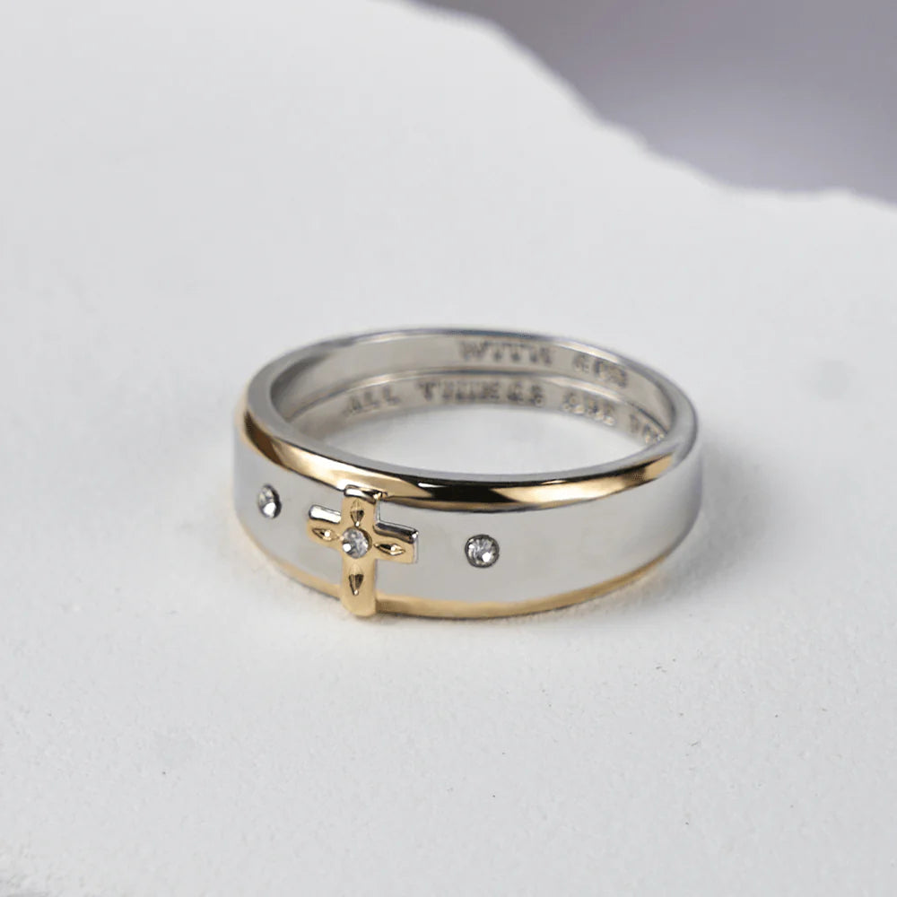 Modern Style Two-tone Gold Cross Alloy Ring(Made in Holy Land)