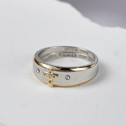 Modern Style Two-tone Gold Cross Alloy Ring(Made in Holy Land)