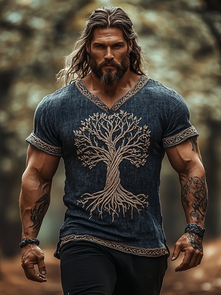 Men's Viking Tree Of Life Inspired Retro V-Neck T-Shirt