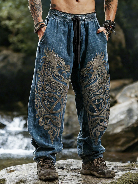 Dragon Totem Vintage Washed Print Retro Celtic Knot Sports Cotton-Linen Pants