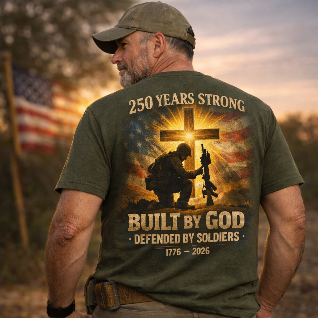 250 Years Strong Built By God Defended By Soldiers 1776 - 2026 T-Shirt