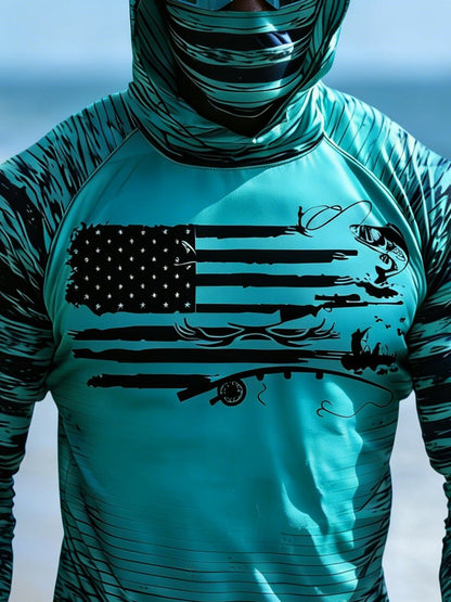 Men's Outdoor Sun Protection Breathable Cool Face Mask Hooded Printed Long-Sleeved Top