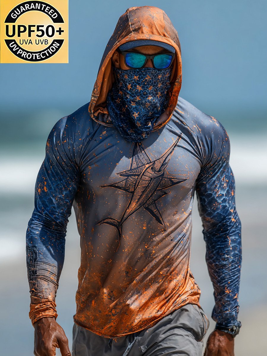 Men's Outdoor Sun Protection Breathable Cool Face Mask Hooded Printed Long-Sleeved Top