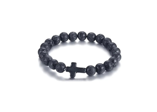 Cross Stone Bead Bracelet - Lava Black