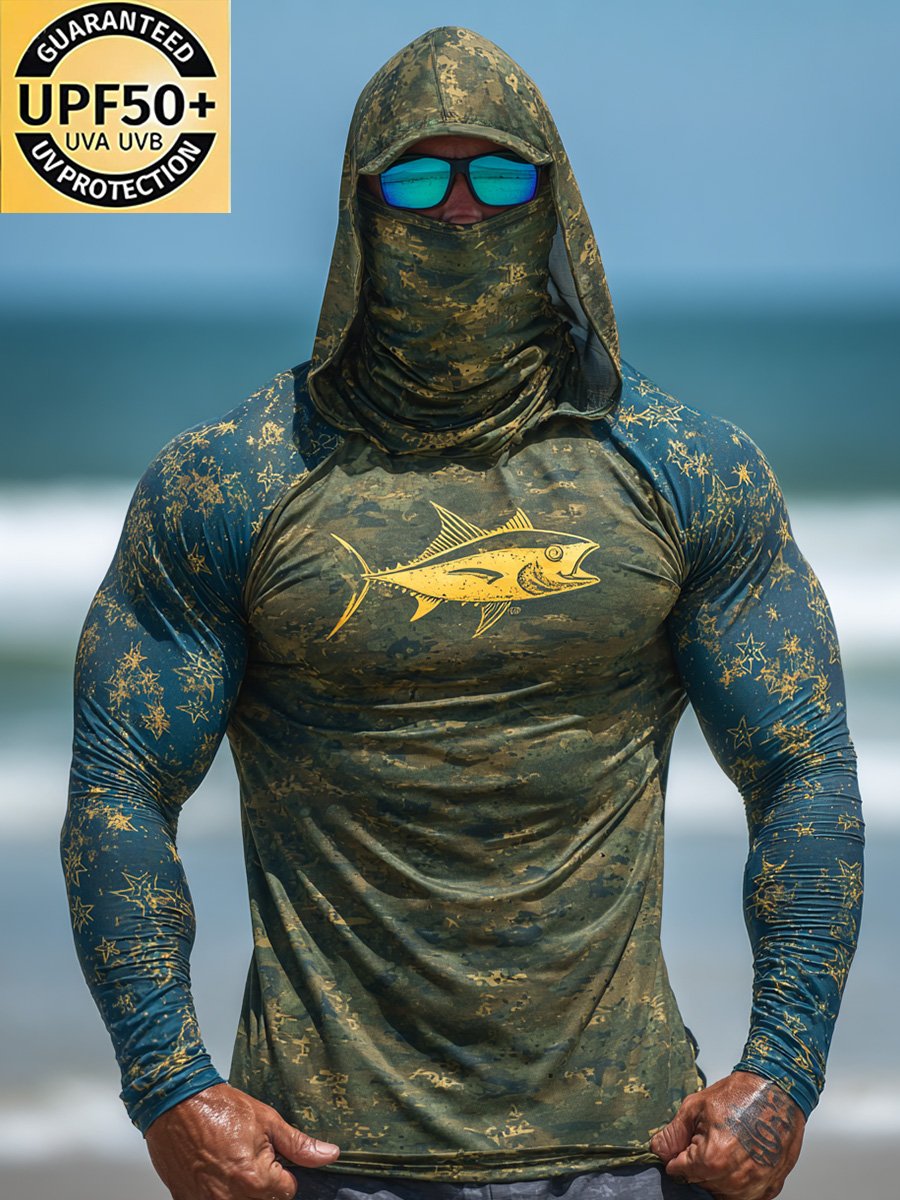 Men's Outdoor Sun Protection Breathable Cool Face Mask Hooded Printed Long-Sleeved Top