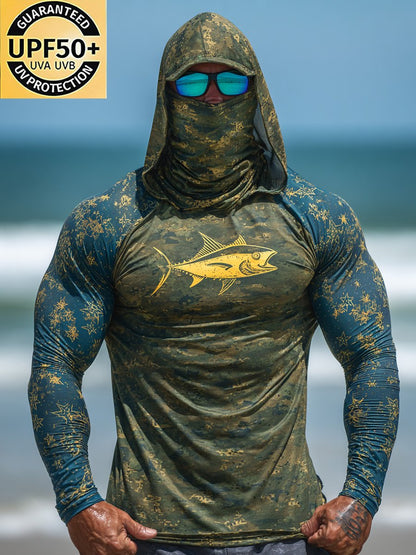 Men's Outdoor Sun Protection Breathable Cool Face Mask Hooded Printed Long-Sleeved Top