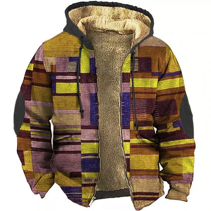 Men's Christmas Retro Colorful Geometric Print Fleece Casual Zipper Holiday Outing Hoodie Coat Jacket