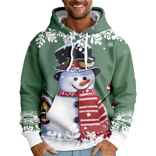 Men's Christmas Snowman Print Casual Pocket Hooded Sweatshirt