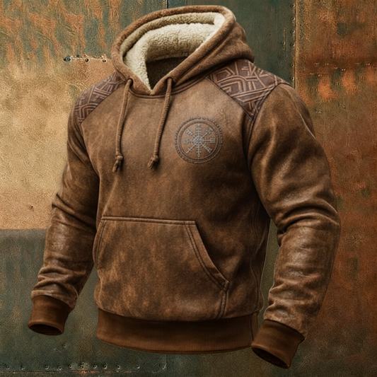 Nordic Viking Fleece Collar Hoodie Featuring Celtic Vegvisir Symbol