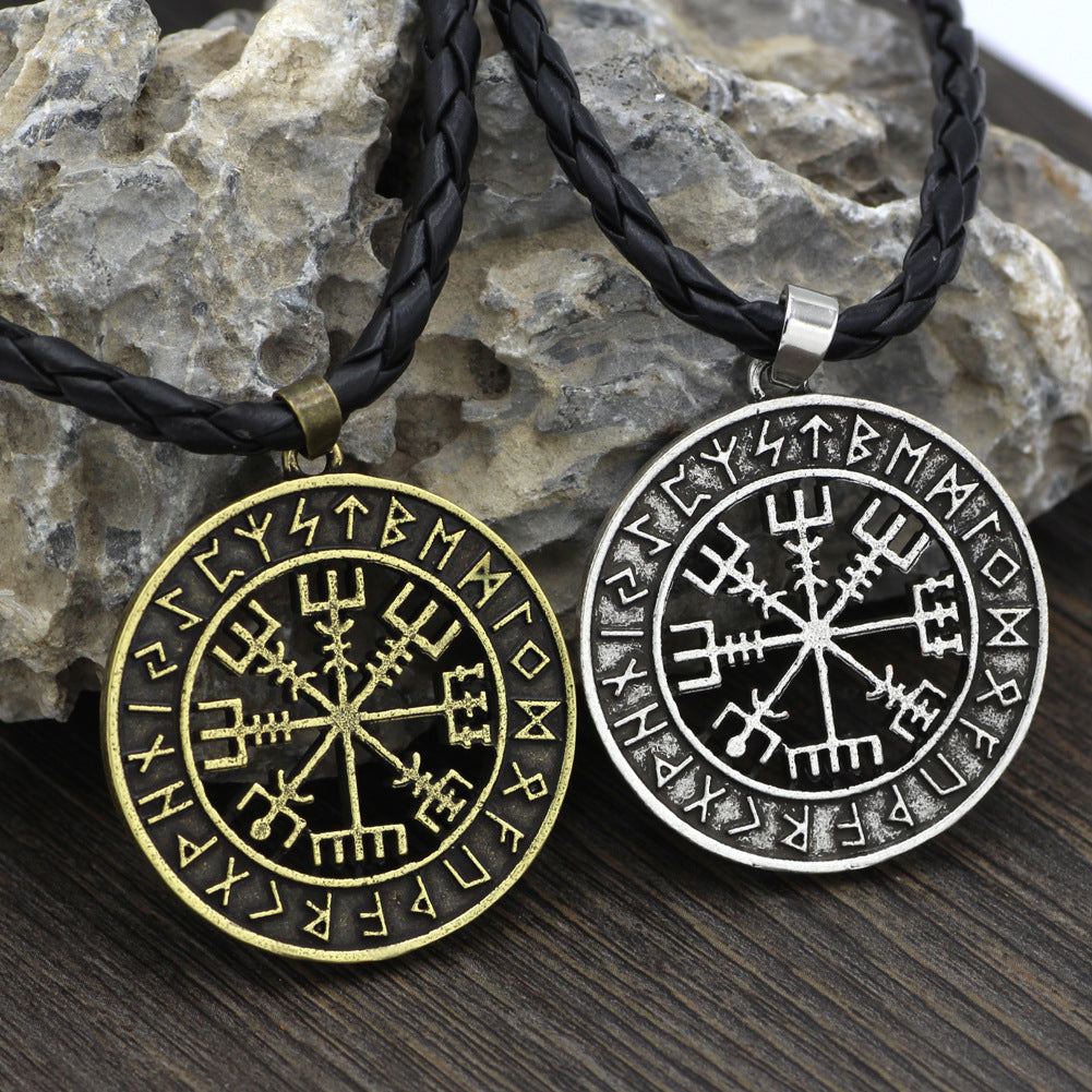 Nordic Viking Runavin Odin Logo Compass Pendant Necklace Men's Trendy Jewelry Long Style