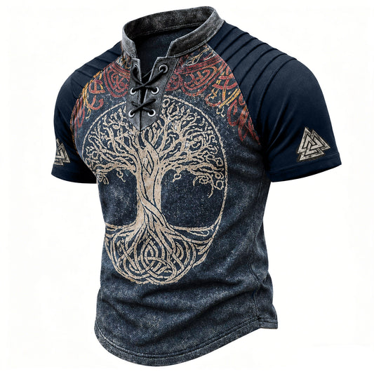 Men's Distressed Norse Tree of Life Print T-Shirt - Vintage Lace-Up Collar Short Sleeve Top