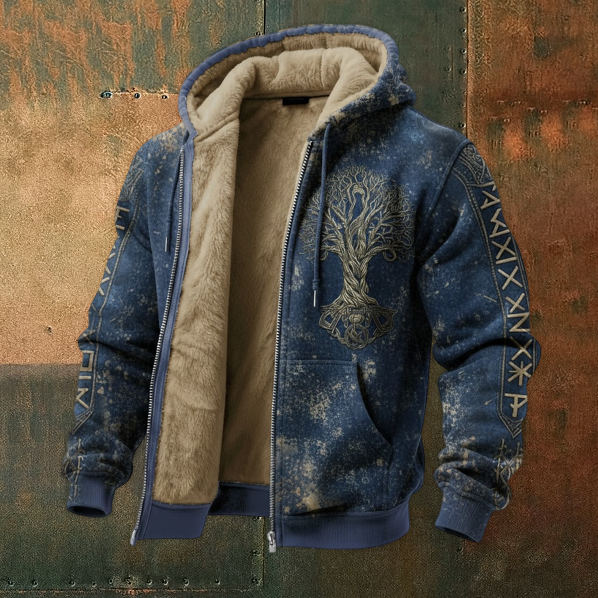 Nordic Viking Style Retro Tree Of Life Casual Long-Sleeve Warm Fleece Hoodie