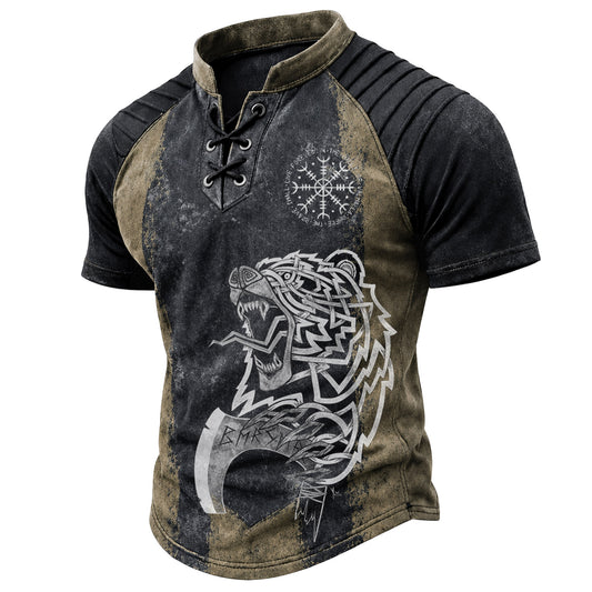Men's Viking Norse Bear Print T-Shirt - Distressed Two-Tone Lace-Up Henley Short Sleeve Top