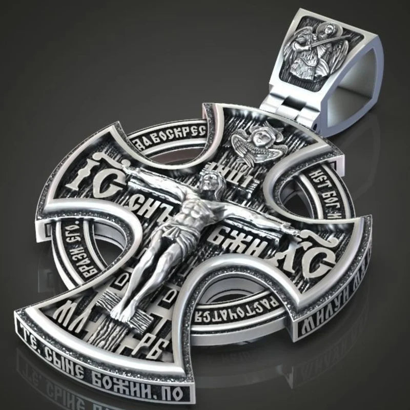Michael Archangel and Crucifixion Front and Back Engraved 925K Sterling Silver Pendant Necklace