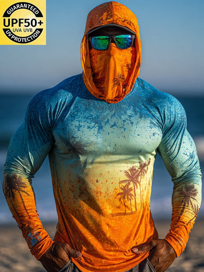 Men's Outdoor Sun Protection Breathable Cool Face Mask Hooded Printed Long-Sleeved Top