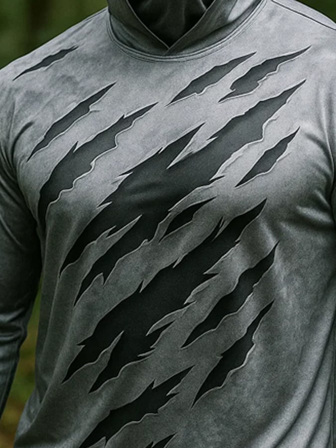 Men's Outdoor Sun Protection Breathable Cool Real 3D Printed Mask Hooded Sun Protection Long-Sleeved Top