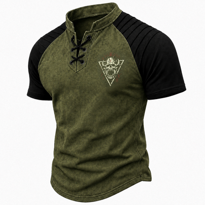 Men's Viking Skull Graphic Lace-Up Henley T-Shirt - Distressed Raglan Short Sleeve Tee