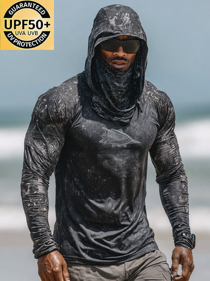 Men's Outdoor Sun Protection Breathable Cool Face Mask Hooded Printed Long-Sleeved Top