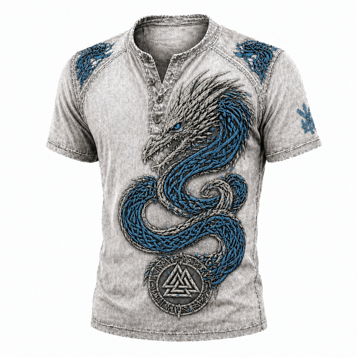 Men's Nordic Dragon Graphic Henley T-Shirt - Grey Blue Viking Mythology Short Sleeve Top