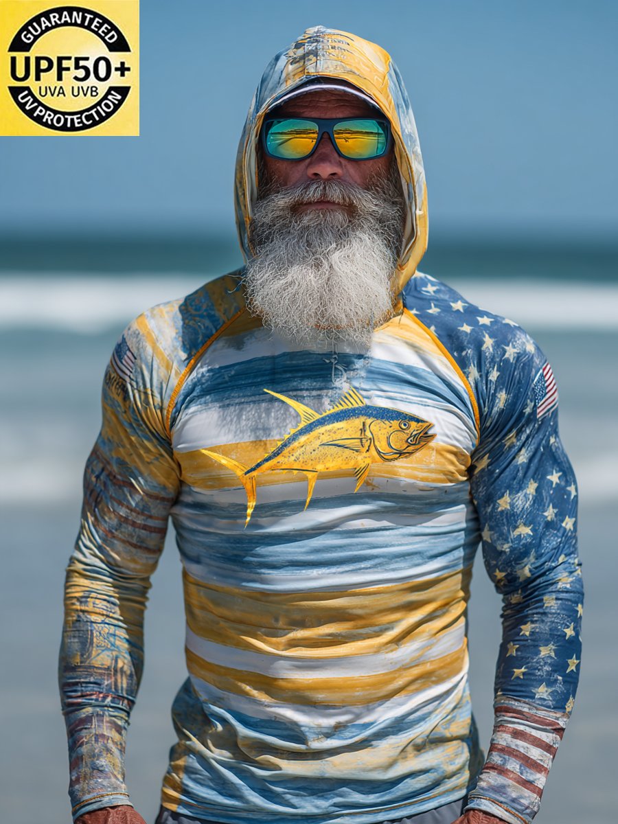 Men's Outdoor Sun Protection Breathable Cool Face Mask Hooded Printed Long-Sleeved Top