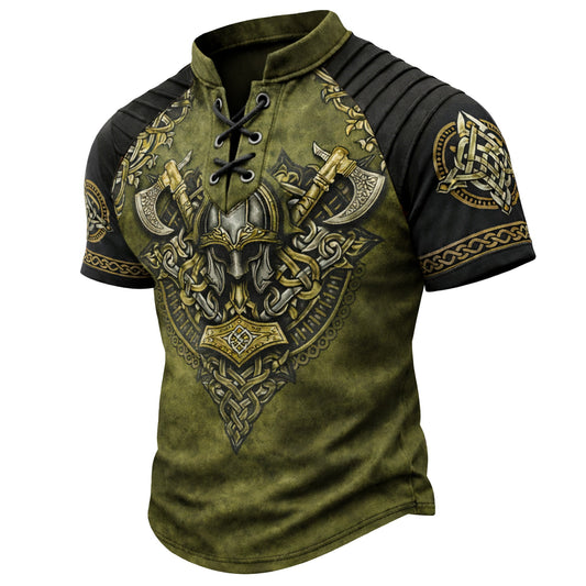 Men's Viking Graphic Short Sleeve Henley Top - Norse Warrior Axe Helmet Celtic Print