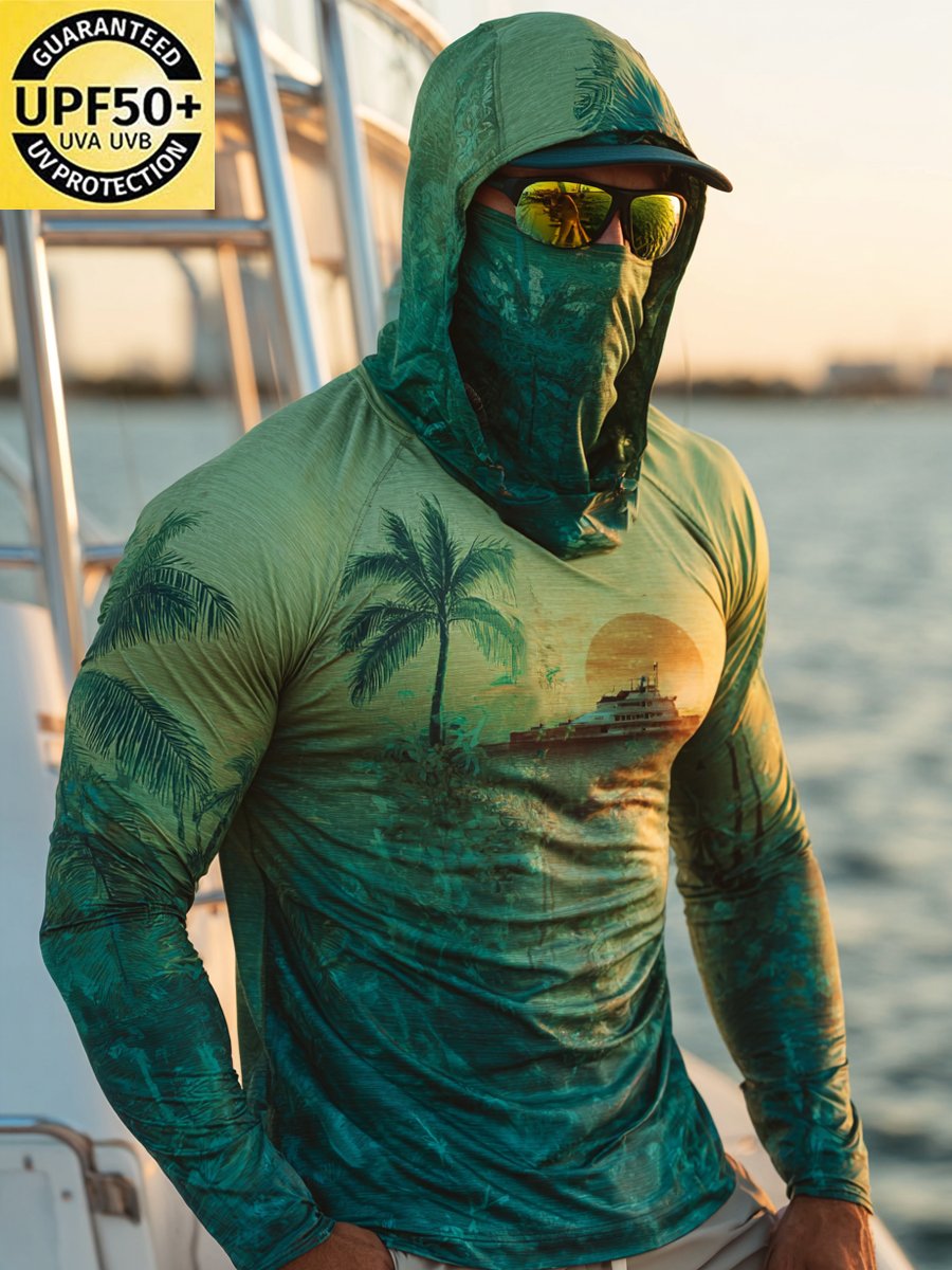 Men's Outdoor Sun Protection Breathable Cool Face Mask Hooded Printed Long-Sleeved Top