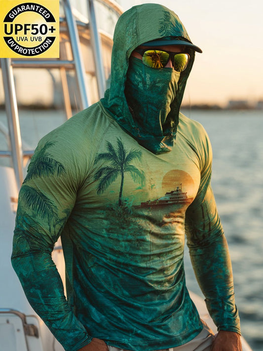 Men's Outdoor Sun Protection Breathable Cool Face Mask Hooded Printed Long-Sleeved Top