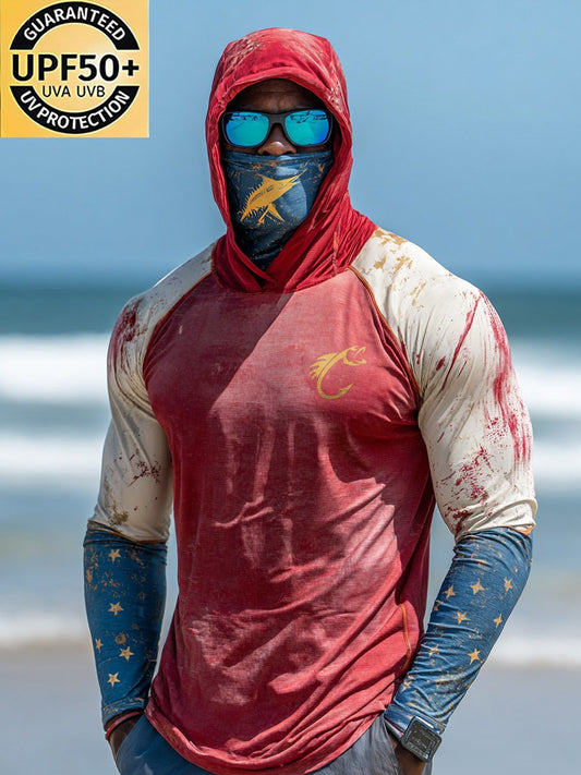 Men's Outdoor Sun Protection Breathable Cool Face Mask Hooded Printed Long-Sleeved Top