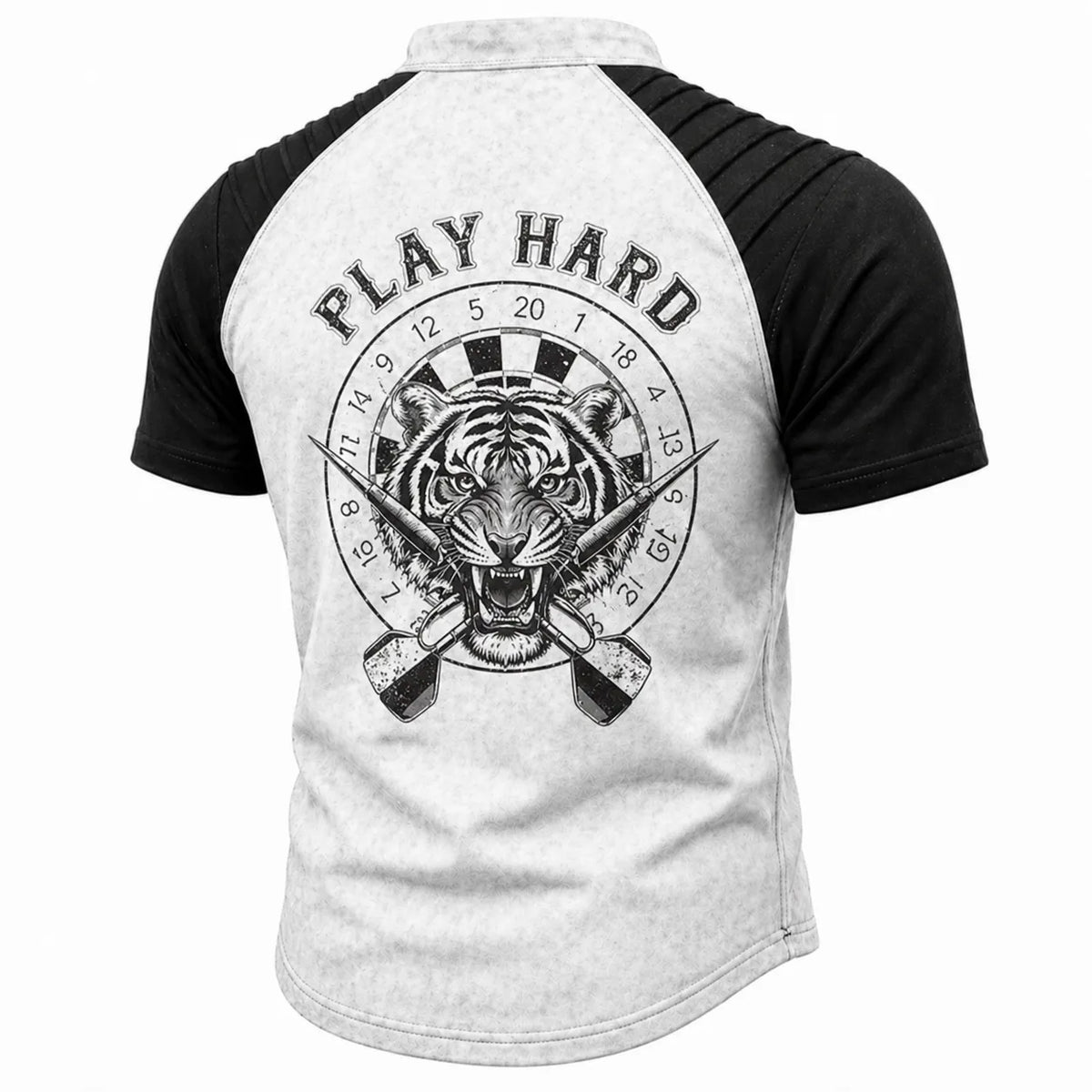 Men's Tiger Graphic Lace-Up Henley T-Shirt - Distressed Raglan Short Sleeve