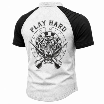 Men's Tiger Graphic Lace-Up Henley T-Shirt - Distressed Raglan Short Sleeve