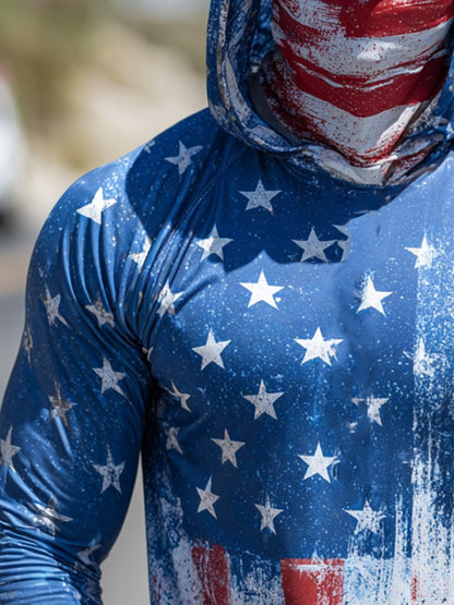 Men's Outdoor Sun-Protective Breathable and Cooling Long Sleeve Hoodie with Flag Print