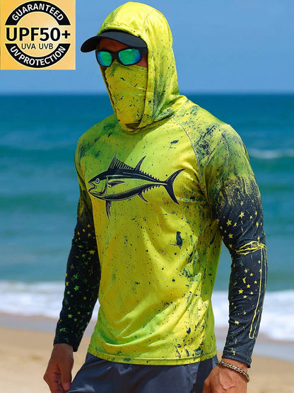 Men's Outdoor Sun Protection Breathable Cool Face Mask Hooded Printed Long-Sleeved Top