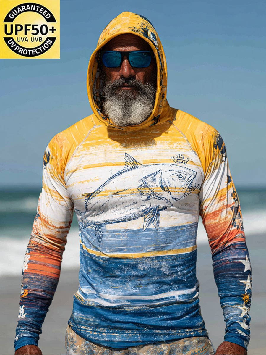 Men's Outdoor Sun Protection Breathable Cool Face Mask Hooded Printed Long-Sleeved Top