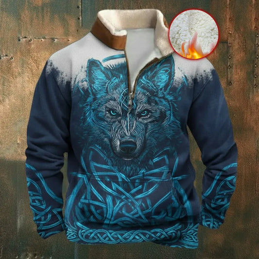 Nordic Viking Retro Wolf Sherpa Collar Zip Shirt