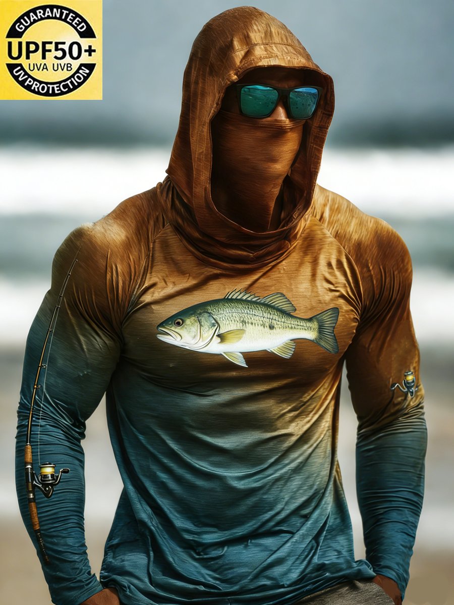 Men's Outdoor Sun Protection Breathable Cool Face Mask Hooded Printed Long-Sleeved Top