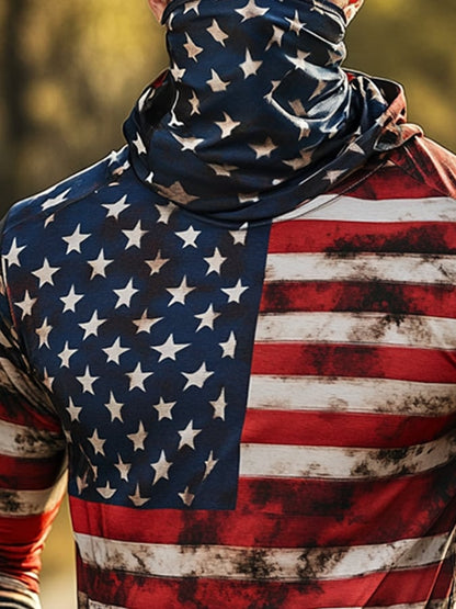 Men's Outdoor Sun Protection Breathable Cool Mask American Flag Print Hooded Sun Protection Long Sleeve Top