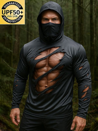 Men's Outdoor Sun Protection Breathable Cool Real 3D Printed Mask Hooded Sun Protection Long-Sleeved Top