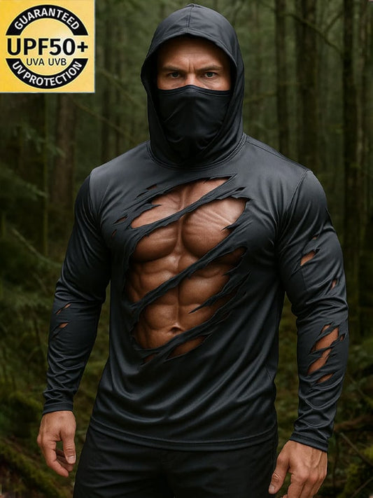 Men's Outdoor Sun Protection Breathable Cool Real 3D Printed Mask Hooded Sun Protection Long-Sleeved Top