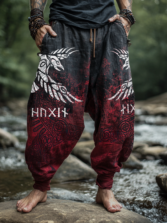 Men's Viking Holiday Style Raven Totem Vintage Nordic Casual Linen Pants