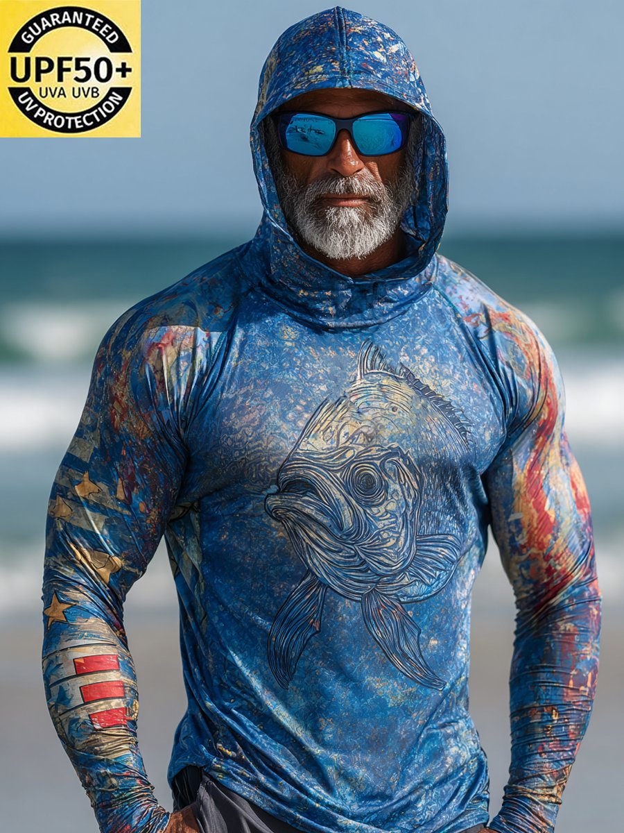 Men's Outdoor Sun Protection Breathable Cool Face Mask Hooded Printed Long-Sleeved Top