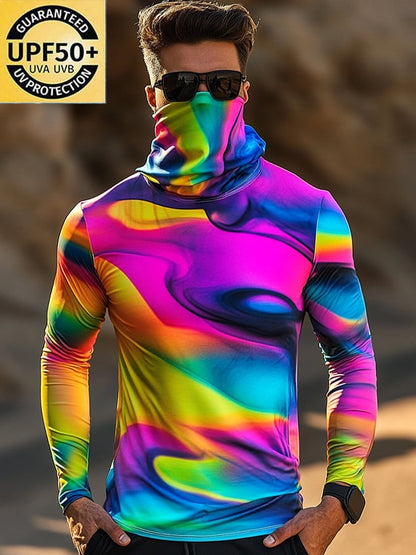 Men's Outdoor Sun Protection Breathable Cool Colorful Mask Hooded Sun Protection Long-Sleeved Top
