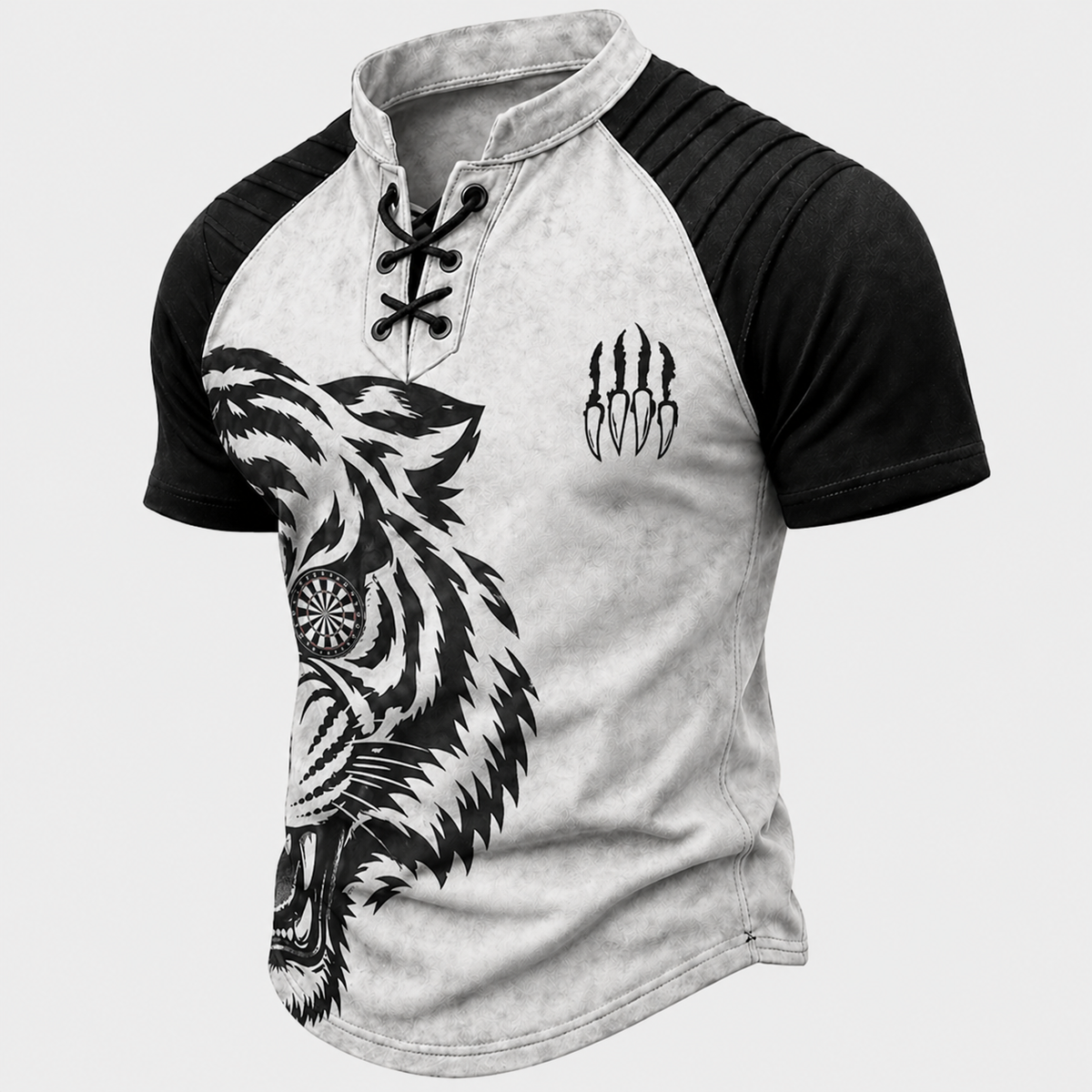 Men's Tiger Graphic Lace-Up Henley T-Shirt - Distressed Raglan Short Sleeve