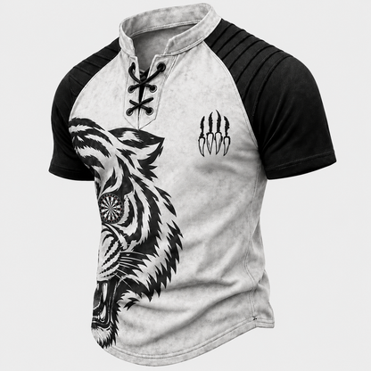Men's Tiger Graphic Lace-Up Henley T-Shirt - Distressed Raglan Short Sleeve