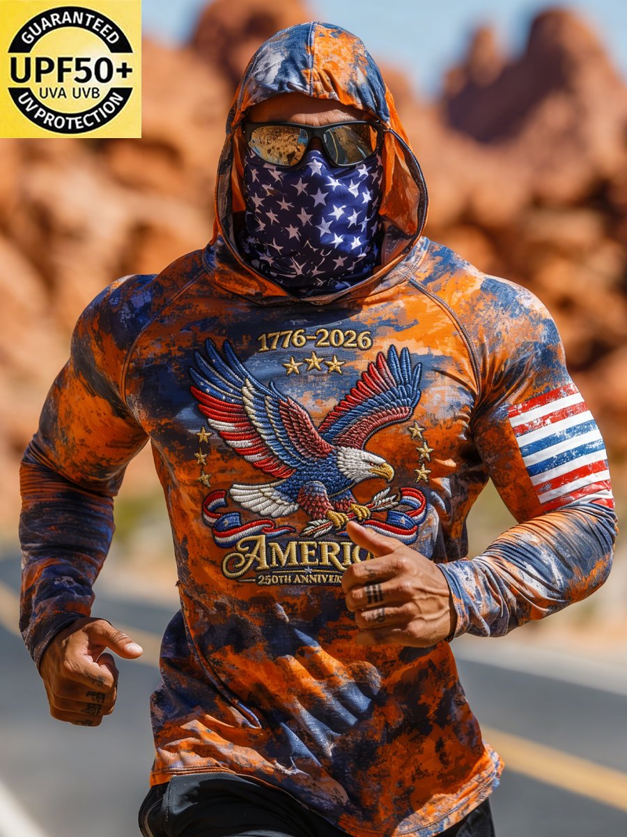 Men's Outdoor Sun Protection Breathable Cool Face Mask Hooded Printed Long-Sleeved Top