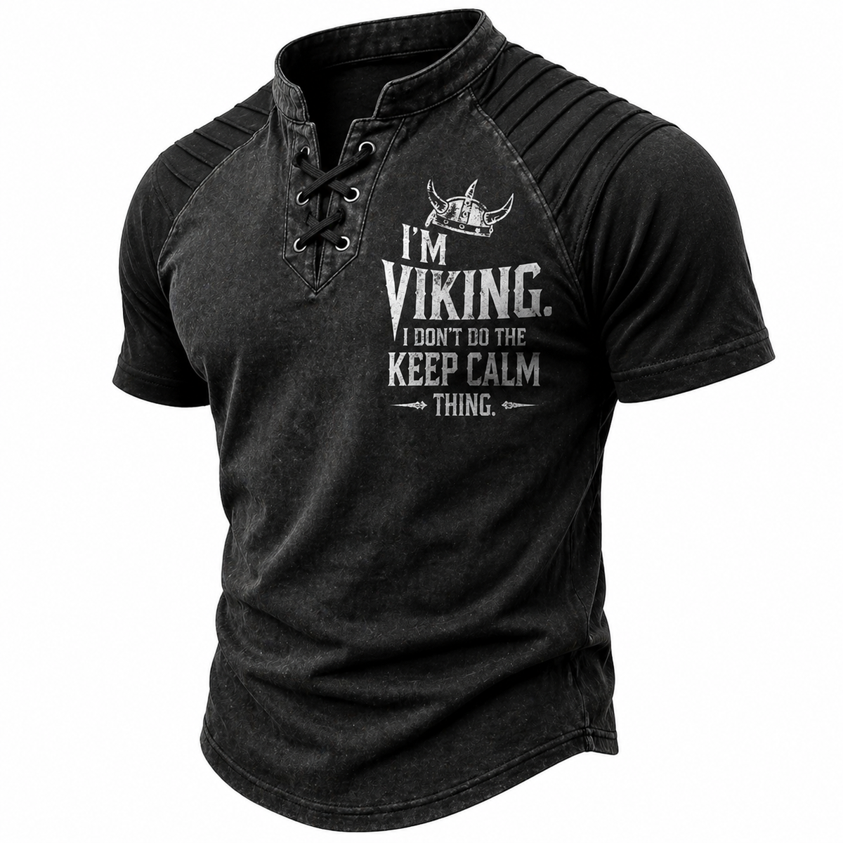 Men's Viking Graphic Lace-Up Henley T-Shirt - Washed Black Stand Collar Short Sleeve