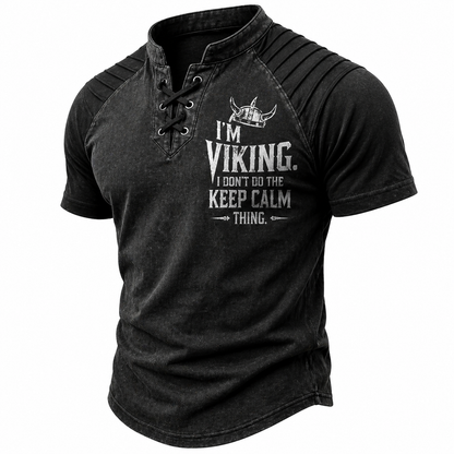 Men's Viking Graphic Lace-Up Henley T-Shirt - Washed Black Stand Collar Short Sleeve
