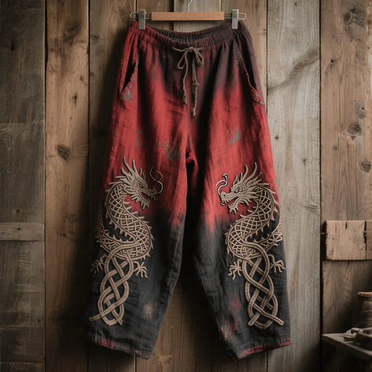 Unisex Dragon Wide Leg Pants - Vintage Ombre Red Black Drawstring Trousers
