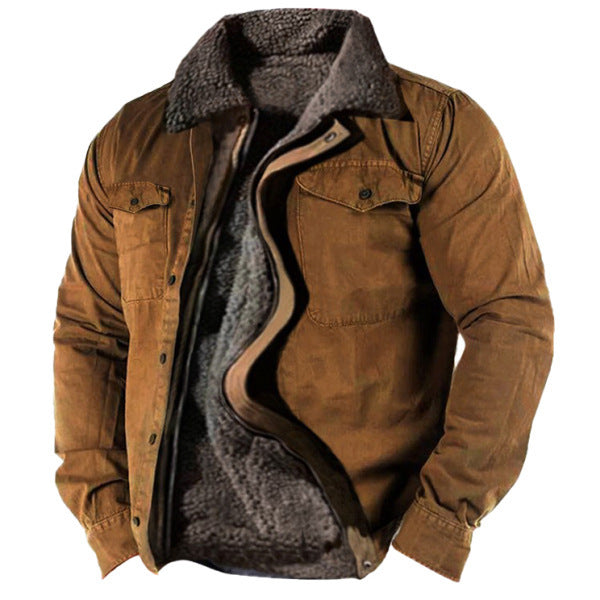 Men's Warm Coat Retro Fleece Cotton Solid Color Lapel Coat Jacket